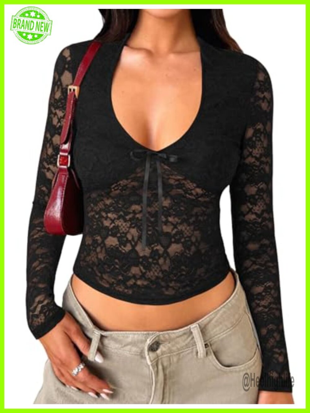 Womens Lace Mesh Long Sleeve V-Neck Crop Top Y2K Going Out Shirt